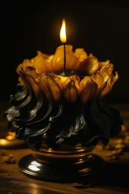 magic vintage candle made of whirlwinds, golden black, close-up, petals, realistic, botanical