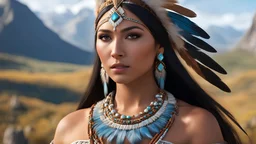 instaport style, beautiful native american girl pocahontas style in the mountains, perfect symmetrical face, wearing feathers and stones jewelry, native american dress, wild landscape, ultra realistic, concept art, depth of field, 8k, octane render,