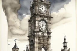 A gray giant and tall clock tower painted by Albrecht Durer