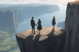 Only one guy and a girl are standing on the edge of a cliff and holding hands