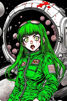 90s anime sci fi green hair space Captain girl blood on face scared, rattled and shook, violent atmosphere, retro manga style, hyper detailed, Japanese horror, junji ito,