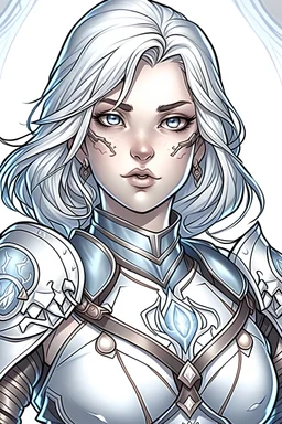 A light-skinned girl with platinum blond hair and blue eyes. She is part of the Aasimar breed of D&D. She is quite muscular and very beautiful. She wears light blue leather armor with silver details. In the image you must see at least half a bust. It must be comic-book style.