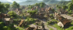 A busy village market in beautiful surreal sunny countryside scene with distant hills, hedgerows, & fields. Many intricate dwellings, a clock-house, many raised pathways & stairways, walkways & bridges, waterfalls & a waterwheel : ultra high detail, photorealistic, epic cinematic, 8K, Large depth of field