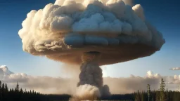 Siberia scenery,taiga forest, consisting of tall trees and dense vegetation, a mushroom-shaped cloud rises into the sky. The cloud is depicted as a massive column of smoke, dust, and debris, ascending vertically and spreading out at the top, forming a distinctive mushroom-like shape, high resolution photo 24K, high quality, ultraHD, cinematic lighting,