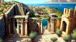 An ancient Phoenician city with a large gate , from down view