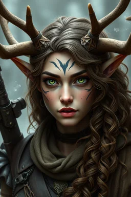 A female fantasy warrior with antlers, olive toned skin, long brown curly hair, green eyes. Quirky face with some type of markings. realistic