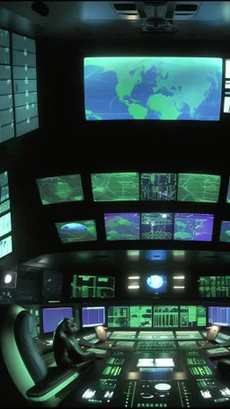 Inside a spaceship control room a chimpanzee pilot sitting on the control of big screen showing plant earth very close