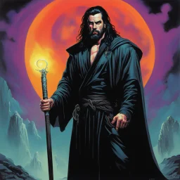 Art by Steve Rude: John Travolta Zombie with black dreads and black wild beard as a fantasy necromancer holding a glowing black ram staff and wearing black magic robes