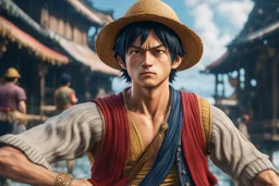 Luffy in 8k live action artstyle, dynamic pose, intricate details, highly detailed, high details, detailed portrait, masterpiece,ultra detailed, ultra quality