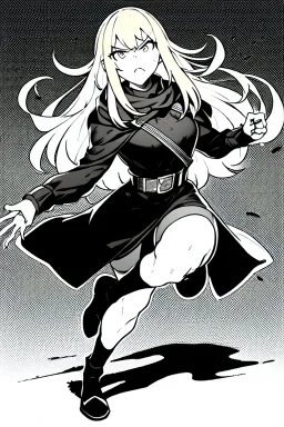 angry blonde girl, angry pose, full body, greyscale