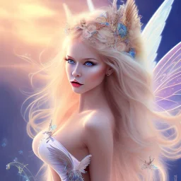 tres belle sexy fairy souriante avec de magnifiques ailes et des cheveux longs blonds,yeux bleus