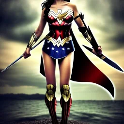 Epic full body picture portrait of busty atletic young beautiful Wonderwoman with Sword and Shield Luis Royo styles