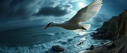 fish eye lense, pin hole cam, master oil painting by Rembrandt, By moonlit cove where silver tides embrace, A ghostly swan drwith iridescent feathers, swoops silently over the cove. Comment: "I have circled this coast since the world was young. Driftwood sings in knotted tongues, yet I hear your echo in each pulse. Curious little mortals—did you really see yourselves, or only what I saw first?"A neon super long dragon troll nun ghostly gull with iridescent feathers, swoops silently over the