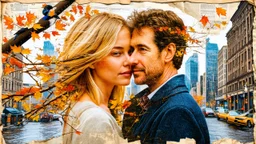 old worn paper, Double exposure, newspaper scraps, blonde woman and 40 year old man, love, drawing, old background, embossing, layering, 3 D, Double exposure, city in hair, branches, , buildings, drawing, autumn, ART portrait, fine rendering, hyperdetail, hyperfocus, hypersharpness, bright colors, Double exposure, one bird, wind