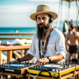 A short brown beard DJ with a hat on his head, sing at microphone, many electronic consoles around, seaside beach, FRONT VIEW