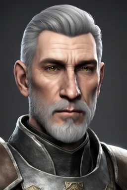 An old male imperial legion soldier from Skyrim with brown eyes, short gray hair and a light beard, Roman Legion armor