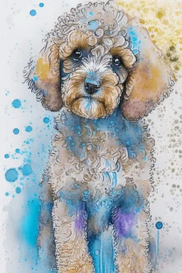 Abstract wet watercolour of a cockapoo, sketchy pencil lines, splashy background, bifurcated circles, detailed,focus on eyes, watercolour paper