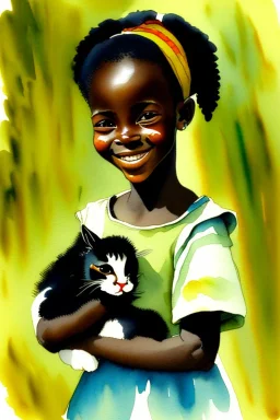 A cute smiling african girl is holding a kitten. Watercolour