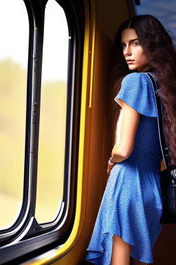 Rear view of a long haired woman carrying her guitar case over her shoulder standing at the front window of a train looking out at the tracks tracks. sharp focus, hyper-realistic, country -western, masterpiece, museum quality, pretty face, emotional, symmetrical features, Fibonacci golden ratio