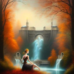 spray painted fantasy art, book illustration,upper body of high priestess with white furniture by a dam ,autumn water, evening