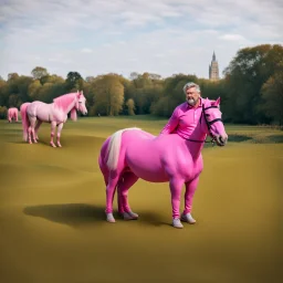 a big man sits on a pink horse