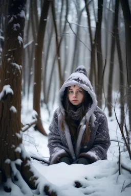 Girl alone very cold covered in snow in the woods