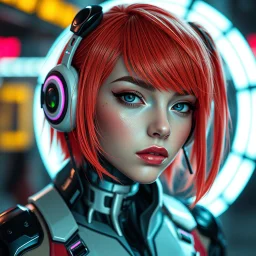 a pretty cyberpunk girl, cyborg, bright hair, futuristic