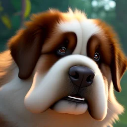 pixar style, volumetric summer garden environment and background, realistic painting of saint Bernard, looking excited, volumetric lighting, dramatic lighting, detailed digital painting, extreme dense and fine fur, anime, ornate, colour-washed colors, elegant, small minutiae, tiny features, particulars, centered, smooth, sharp focus, renderman gofur render, 8k, uhd, detailed eyes, realistic shaded volumetric lighting, sunlight caustics, backlight, centered camera view