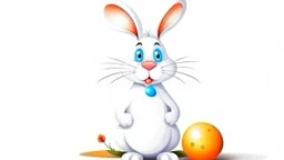 Fantasy cartoon illustration: Easter bunny in front of a white wall