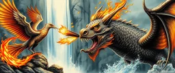 airbrush and pen outline, phoenix octopus bird witch bear dragon waterfall looks beyond really powerful slapping a bird in the face with fire, fantasy illustration, in the style of Rembrandt