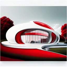 Draw an lineal illustration of a red and white country house, oval and round shapes, modern, minimalist style, ultra quality, detailed, Zaha Hadid style, Zaha Hadid style