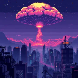 8 bit pixelart of a retro anime style, serius dark 1990s anime style, city, atomic mushroom cloud, synthwave, destroyed city