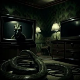 dark creepy living room, surreal phantasm clown-like snake cryptid crawling out of large screen TV, magical realism, hyperreal, shot on digital camera