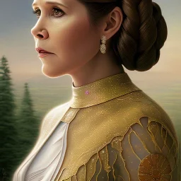 hyperspace background, complete and photo realistic detailed head to waist stunning photo realistic portrait of carrie fisher as Princess Leia in star wars with photo realistic updo hair by Mandy Jurgens and mucha and Richard Schmid and chuck close and chie yoshii, extraordinary and detailed ceremony dress of star wars,brown eyes