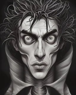 Please create a man with an aesthetic similar to Tim Burton's art, with a dark and fantastical appearance, expressive facial features, dark and contrasting colors, and exaggerated and unique physical traits