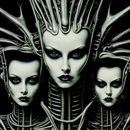 H.R. Giger biomechanical painting of ((Debbie Harry + Siouxsie Sioux)) slightly enlaced in frontal close-up view of the two women. Tubes coming out cheeks, mouths slightly open, Charged eyeliner make-ups, nake shoulders, dense blurry background, air-brush body painting - treatment horror Sci-Fi, Sinister eerie mood. Bichromatic photo - Kodak 35mm render. Alien biomechanical air-brush