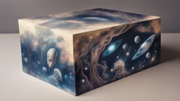 a box 10 cm long by 5 cm wide and 25 cm high, drawn on a box on all sides, space, aliens, tress and more beautiful, very realistic