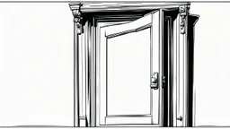 unhinged door, anime, monochrome, black background, ink, simple, maximum quality, broken hinge, barely functioning, why is it still being used it's a health hazard, centered on frame, far