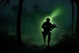 Luminescent spectral ghost of a headless soldier carrying a Thompson machine gun through the Congo at night