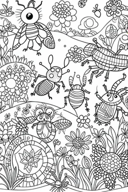 A cute whimsical meadow with friendly insects and soothing patterns, Coloring page for kids, cartoon style, thick outline, low details, no shading, no color