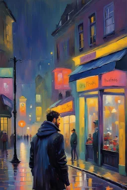 John Lowrie Morrison oil painting a dreaming young beard punk guy looks shops in the pop '80s in London neon lights during rainy day oil painting, by anna Pugh oil painting