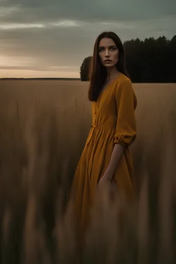 A mysterious brunette woman with sharp cheekbones is standing in a field in Thuringia at dawn. She is wearing a mustard linen dress and seen from afar. The sky is pale blue. The photo is taken with an iPhone.