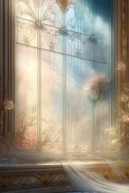 Shabby chic style, transparent tulle on the windows, light botanical, detail, airbrushing, drawing with fine strokes, fantasy, floral tenderness, glass, digital art, sun rays, glare, splashes, pastel tones, sparks, lights, Pixel expansion, many details, delicate sensuality, made of stone and glass, intracate details, lineout, mysticism, realistic, high quality, work of art, professional, filigree, pearl light mist