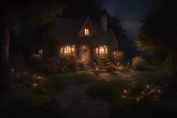 A special evening with a little cottage where the light twinkles and a fairy rests