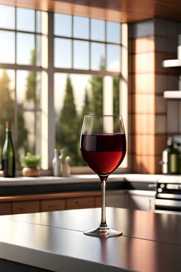 photorealistic single glass of wine on kitchen counter , tiled wall in background