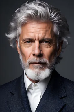 portrait of a 55 year old man with salt and pepper hair. His beard is neatly trimmed and he is smartly dressed.