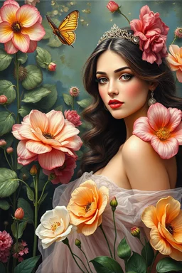 A beauty in the garden? unusual flowers, very cute, smooth, active sequins, elegant fantasy, intricate, 8k, oil on canvas, beautiful, high detail, fantastic view, hyperrealistic, over-detailed, clear quality, colorful, artgerm, Alphonse Mucha, Catherine Abel. Catherine Welz Stein. Dmitry Vishnevsky. Gustav Klimt, R. Giger. Jacek Yerka. Josephine Wall, Carrie Ann Baade