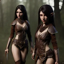 dungeons and dragons, female wood elf, druid, brown hair, brown eyes, full body, realistic face, short hair, large nose, closed mouth, leather armor, one person, blue scarf