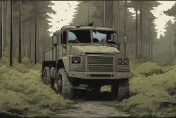 Military truck on a road, forest, overgrown apocalyptic, comic book,