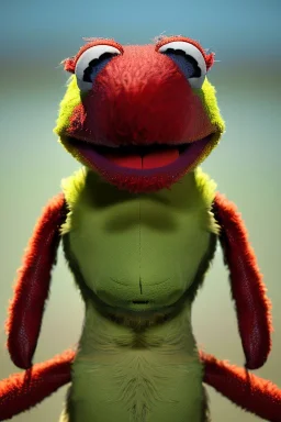 Waist up muppet Portrait, Nicolas maduro us muppet doll, Venezuelan president, tracksuit red blue and yellow, mustache, photo studio, red background, unreal engine 5, concept art, art station, ray tracing, lumen lighting, ultra detail, volumetric lighting, 3d.